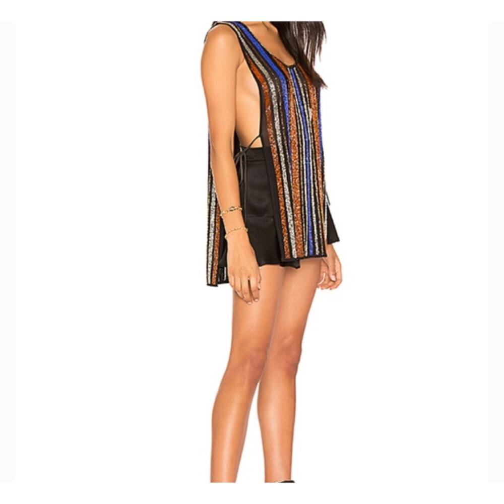 H:ours Medium Beaded Tunic Vest Black Stripe Nylon Blend Tie Sides Tank Top